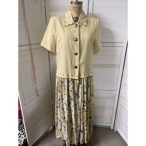 Vintage 80s Stonebridge Dress Women's Size 12 Button Up Yellow Floral Maxi